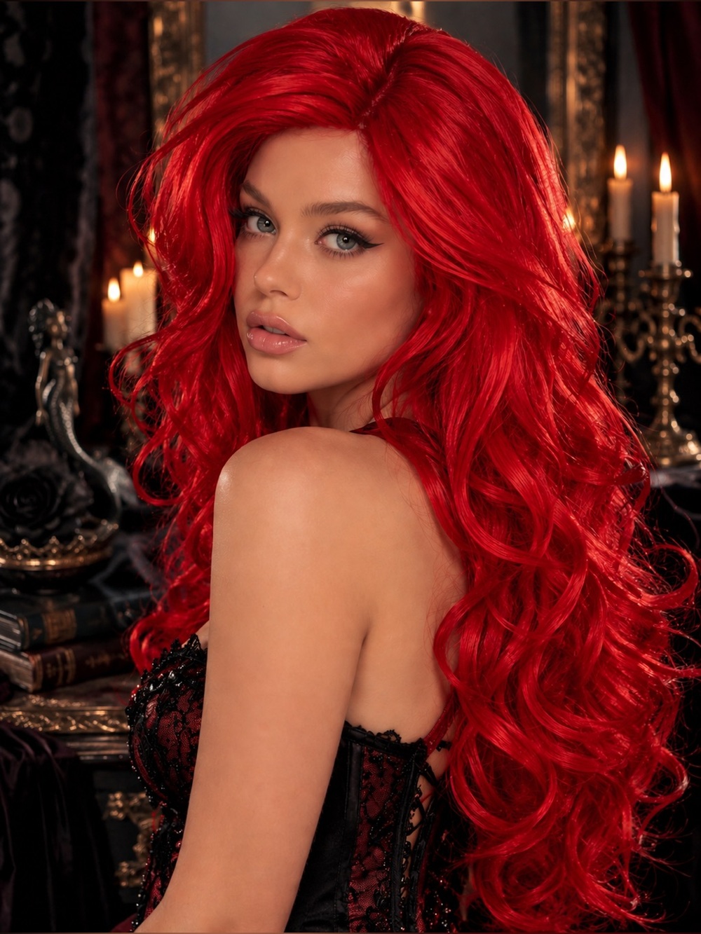 Deep Red Mermaid Princess Wig Long Wavy Synthetic Costume Cosplay Wig